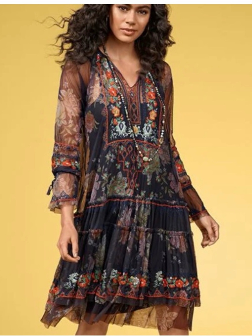 Johnny Was Navy Floral Tiered Long Sleeve Dress